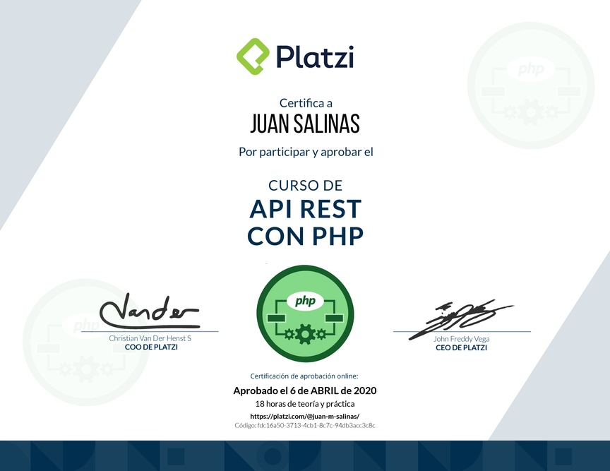 Diploma del Curso de API REST con PHP