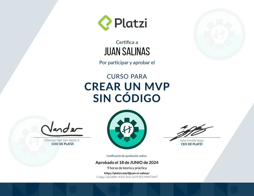 Diploma del Curso para Crear un MVP sin Código