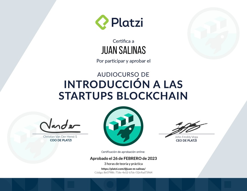 Diploma de Audiocurso de Introducción a las Startups Blockchain
