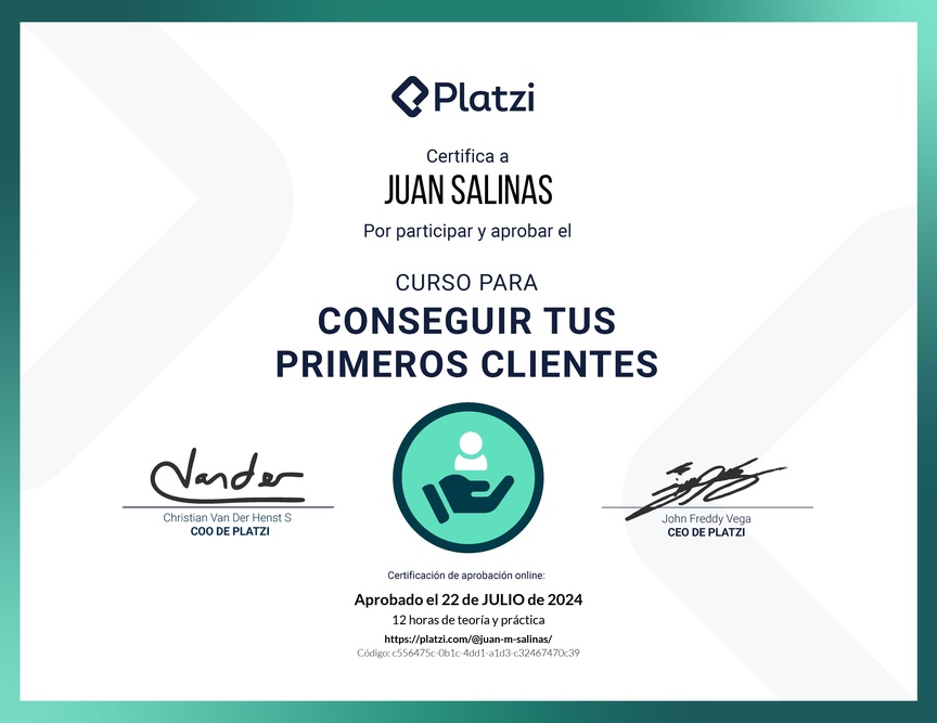 Diploma del Curso de Cómo Conseguir los Primeros Clientes para tu Startup