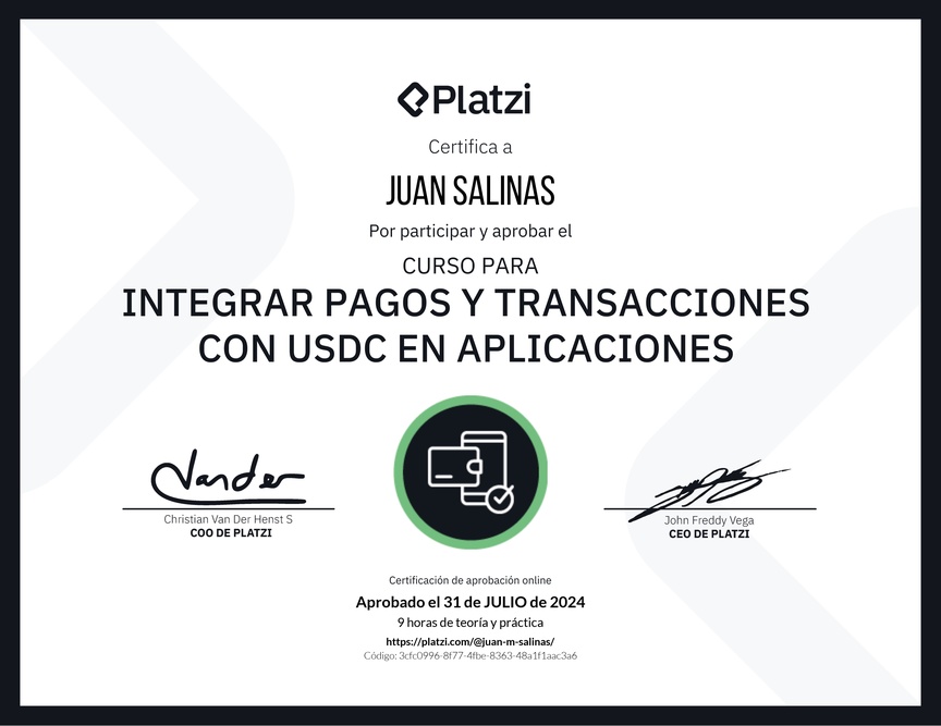 Diploma del Curso para Integrar Pagos y Transacciones con USDC en Aplicaciones