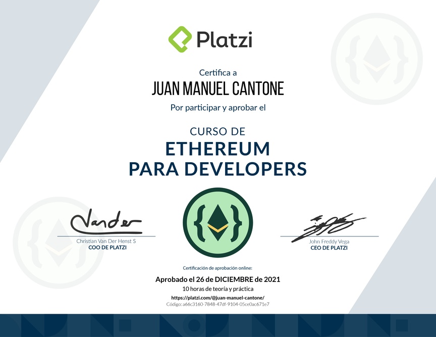 Diploma del Curso de Ethereum para Developers