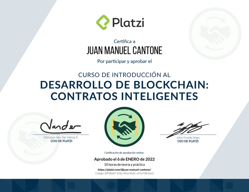 Diploma del Curso de Introducción al Desarrollo Blockchain: Smart Contracts