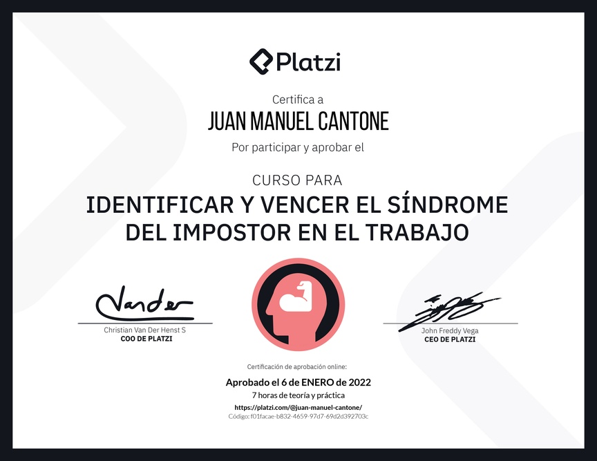 Diploma del Curso para Identificar y Vencer el Síndrome del Impostor