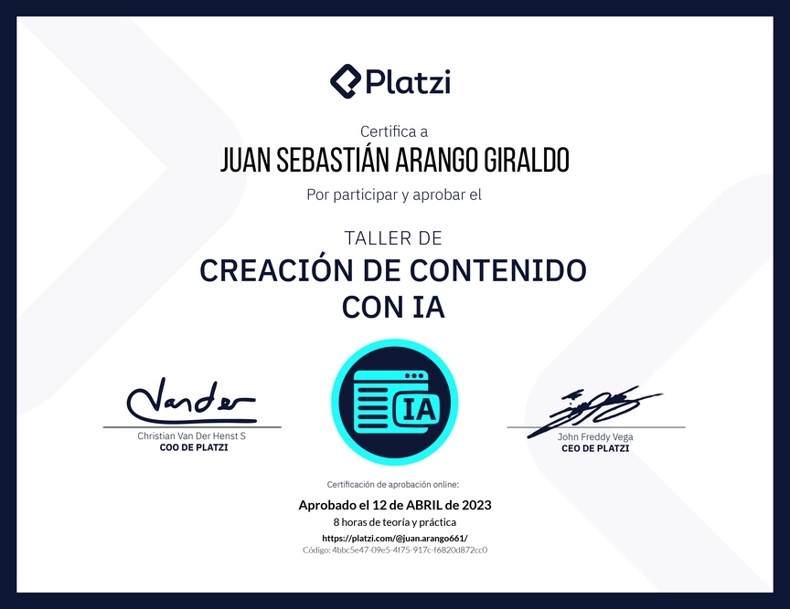 Diploma de Taller de Creación de Contenido con Inteligencia Artificial