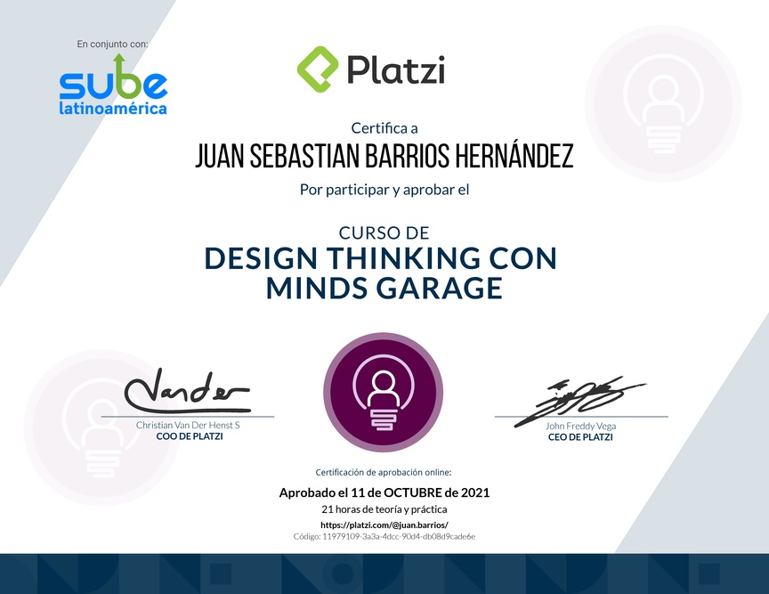 Diploma del Curso de Design Thinking con Minds Garage
