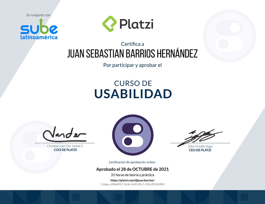 Diploma del Curso de Usabilidad: Principios, Pruebas y Herramientas Avanzadas