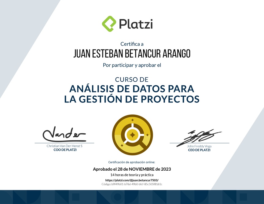 Diploma del Curso de Análisis de Datos para la Gestión de Proyectos