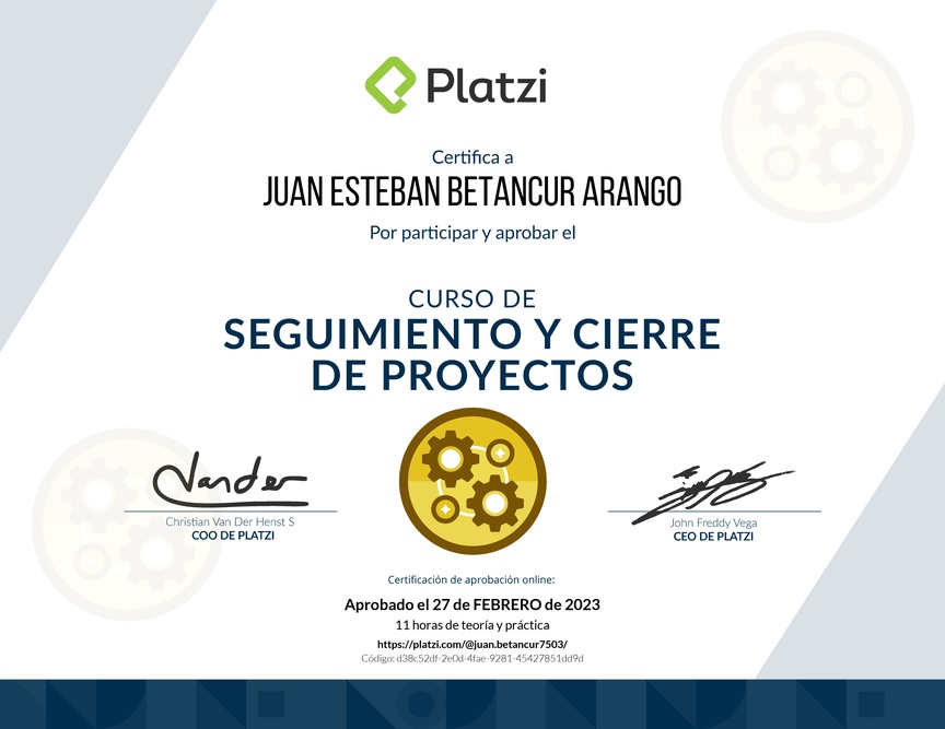 Diploma del Curso de Seguimiento y Cierre de Proyectos