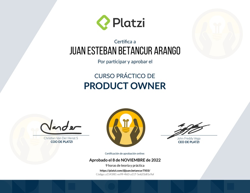Diploma del Curso de Herramientas y Frameworks Intermedias para Product Owners