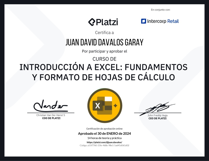 Diploma del Curso de Introducción a Excel para Principiantes: Fundamentos y Formato de Hojas de Cálculo