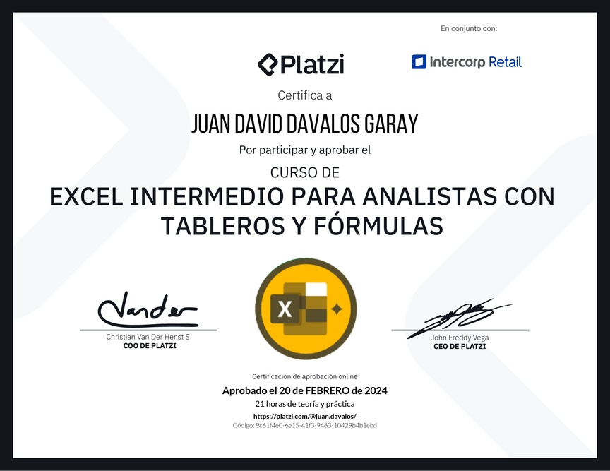 Diploma del Curso de Excel Intermedio para Analistas con Tableros y Fórmulas