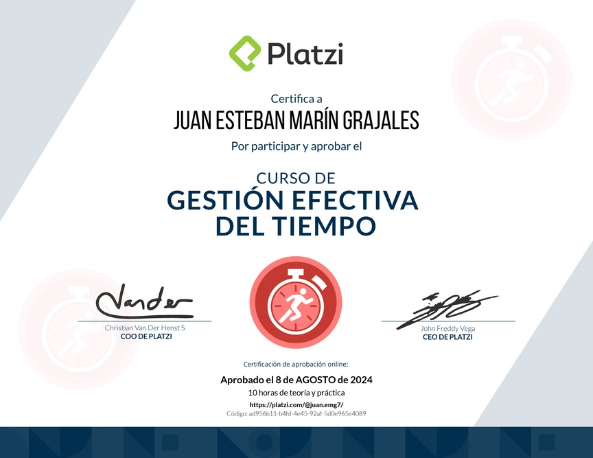 Diploma del Curso de Gestión Efectiva del Tiempo