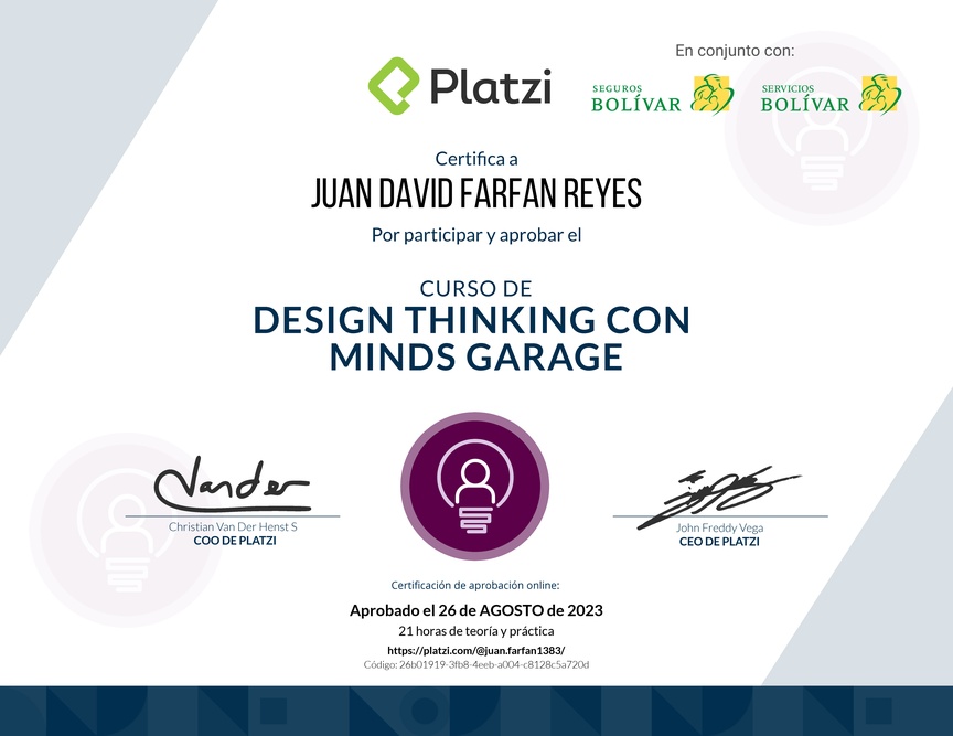 Diploma del Curso de Design Thinking con Minds Garage