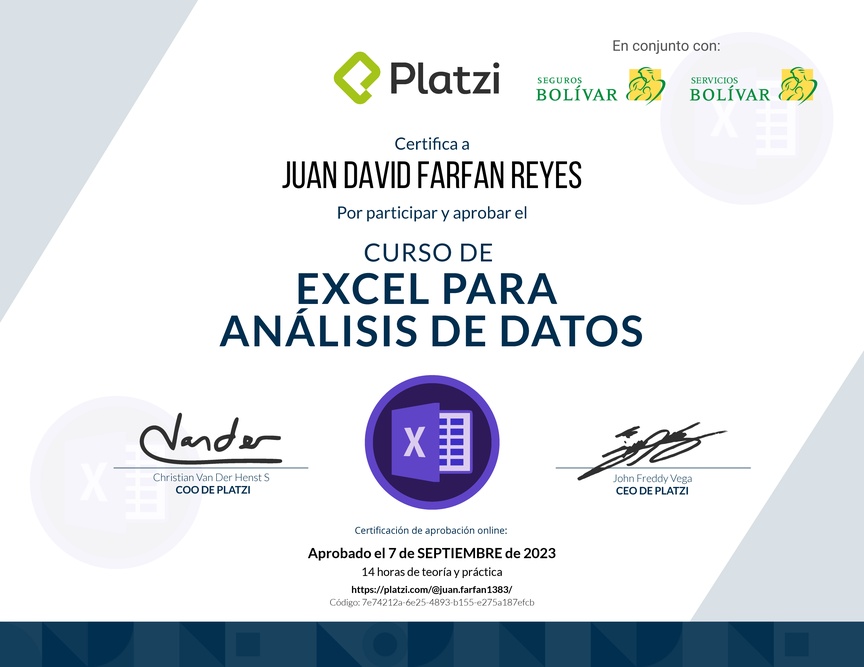 Diploma del Curso de Excel para el Análisis de Datos
