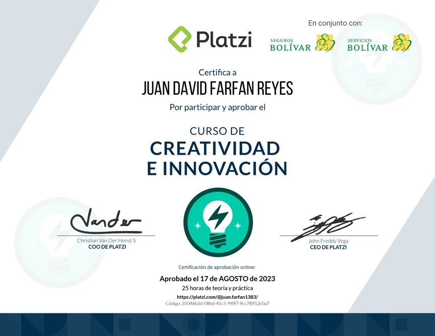 Diploma del Curso de Creatividad e Innovación