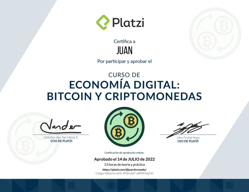 Diploma del Curso de Economía Digital: Bitcoin y Criptomonedas