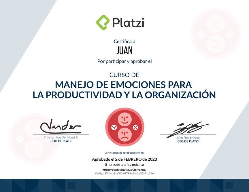 Diploma del Curso de Manejo de Emociones para la Productividad y la Organización