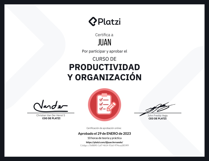 Diploma del Curso de Productividad y Organización