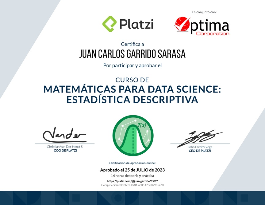 Diploma del Curso de Matemáticas para Data Science: Estadística Descriptiva