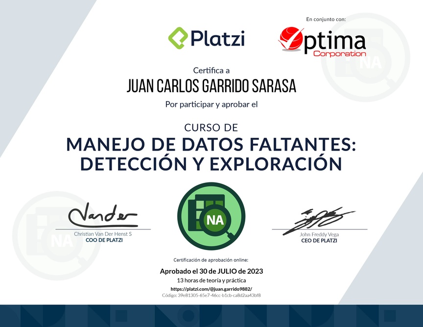 Diploma del Curso de Manejo de Datos Faltantes: Detección y Exploración