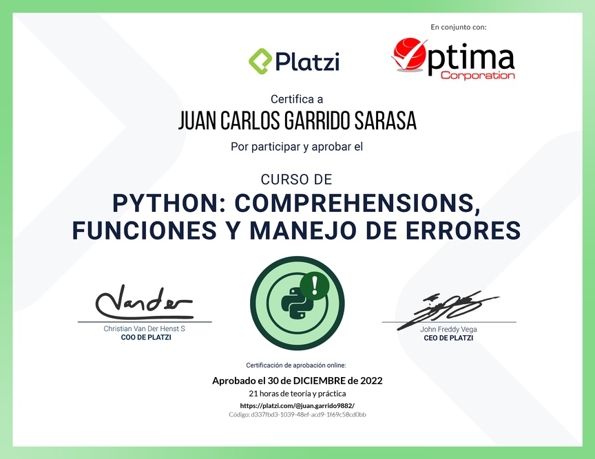 Diploma del Curso de Python: Comprehensions, Funciones y Manejo de Errores