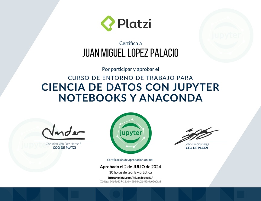 Diploma del Curso de Entorno de Trabajo para Ciencia de Datos con Jupyter Notebooks y Anaconda