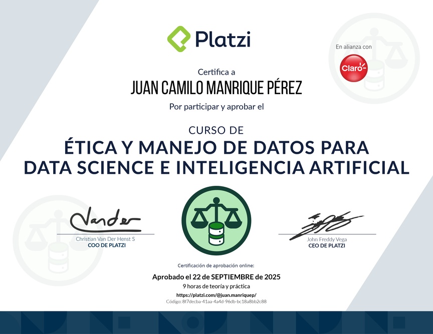 Diploma del Curso de Ética y Manejo de Datos para Data Science e Inteligencia Artificial