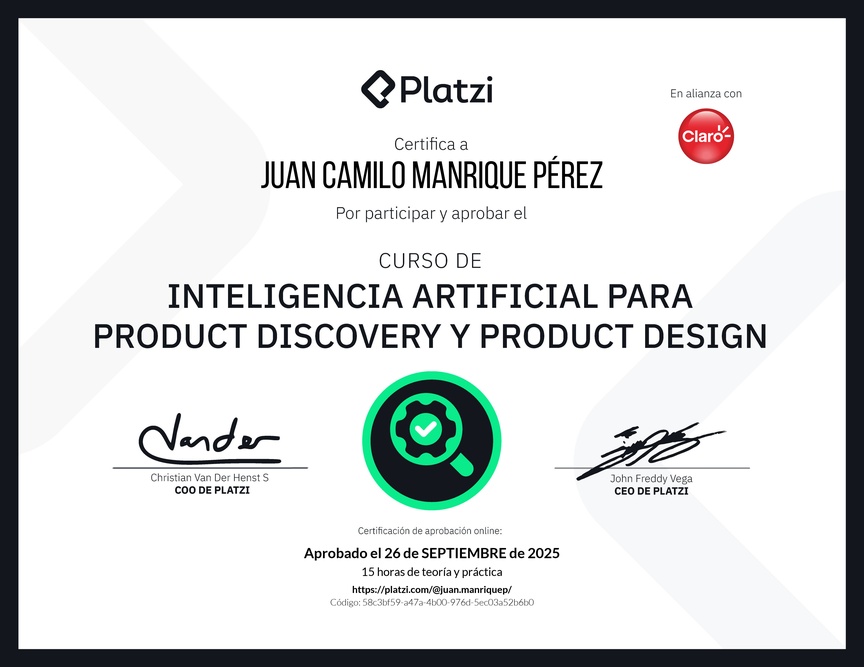 Diploma del Curso de Inteligencia Artificial para Product Discovery y Product Design: Herramientas y Técnicas