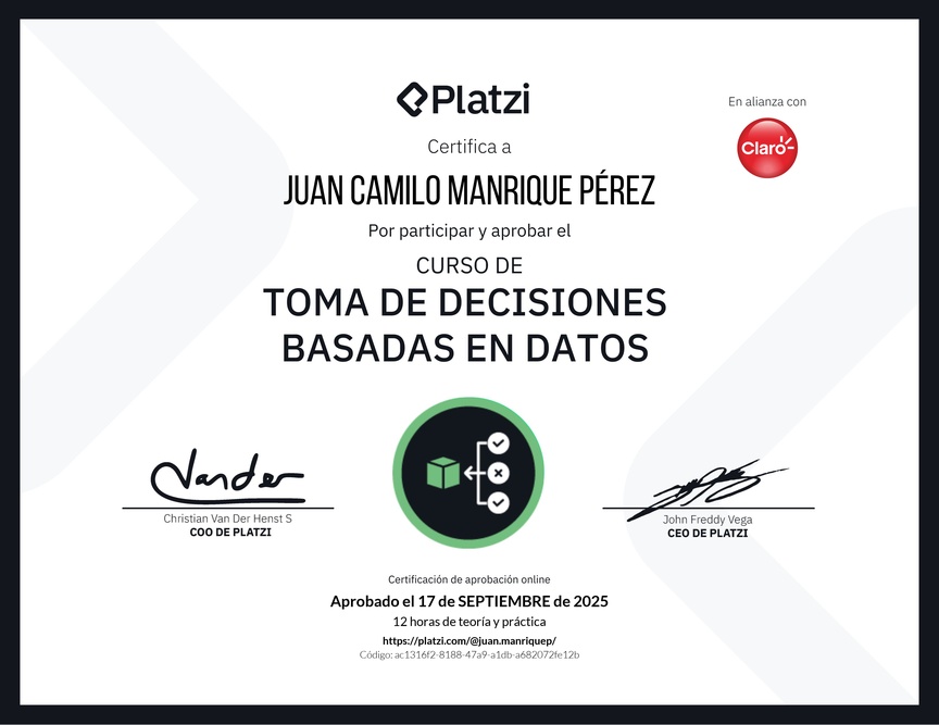 Diploma del Curso de Toma de Decisiones Basadas en Datos