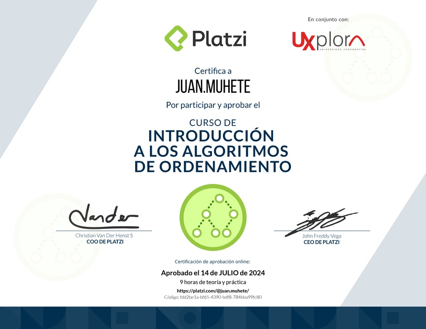 Diploma del Curso de Introducción a los Algoritmos de Ordenamiento
