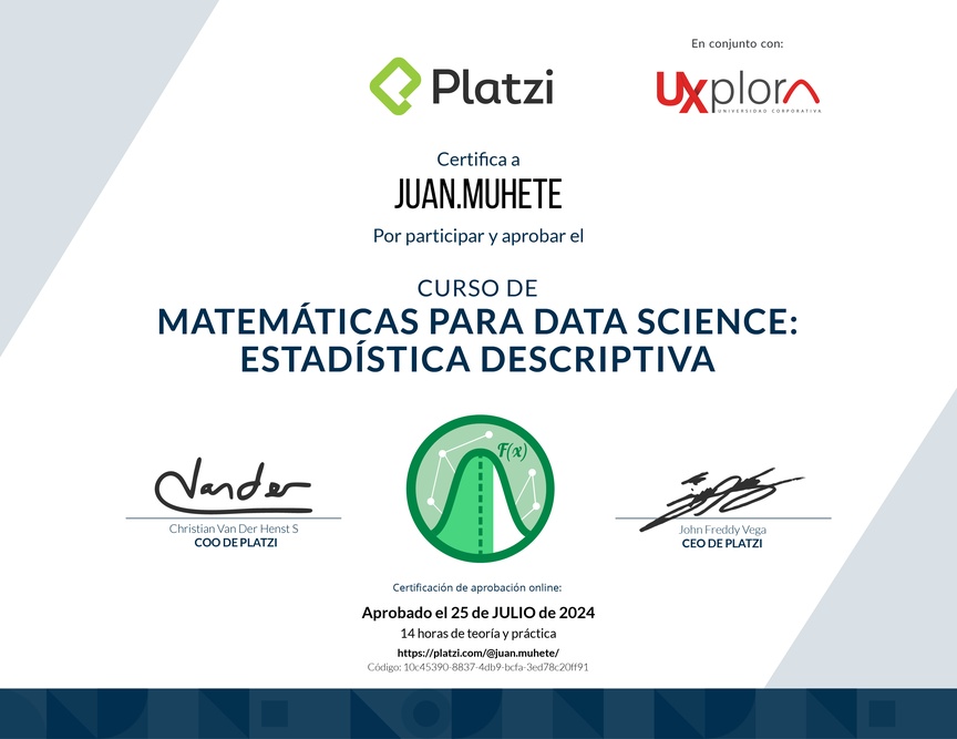 Diploma del Curso de Matemáticas para Data Science: Estadística Descriptiva