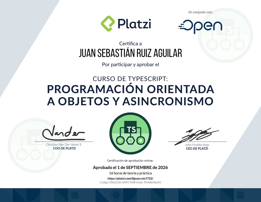 Diploma del Curso de TypeScript: Programación Orientada a Objetos y Asincronismo