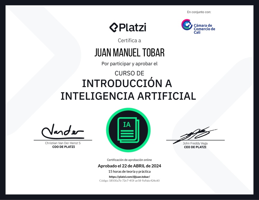 Diploma del Curso de Introducción a Inteligencia Artificial (2023)
