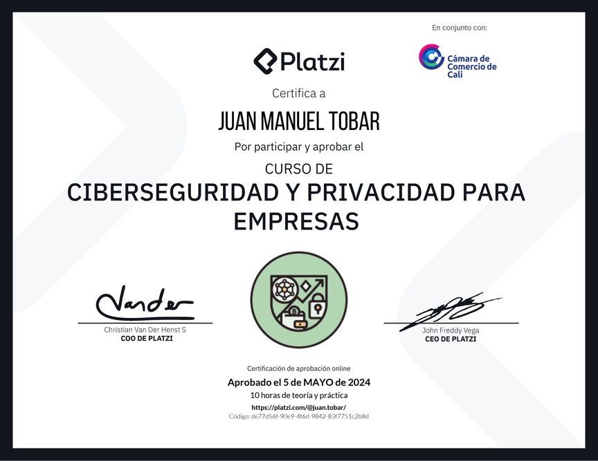 Diploma del Curso de Ciberseguridad y Privacidad Empresarial (2023)