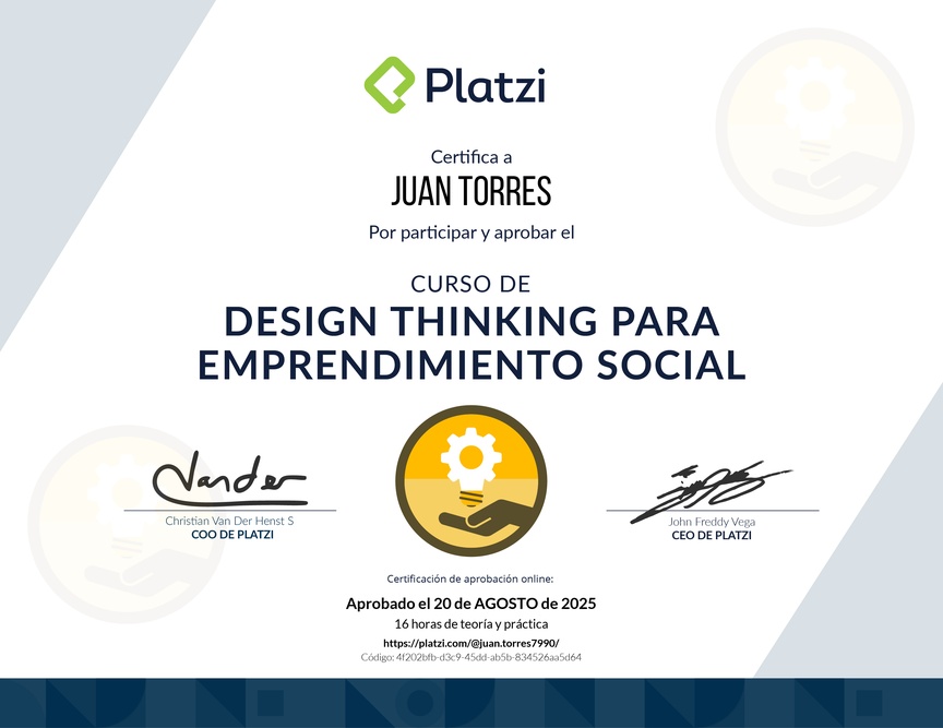Diploma del Curso de Innovación para Empredimiento Social Usando Design Thinking y MVPs