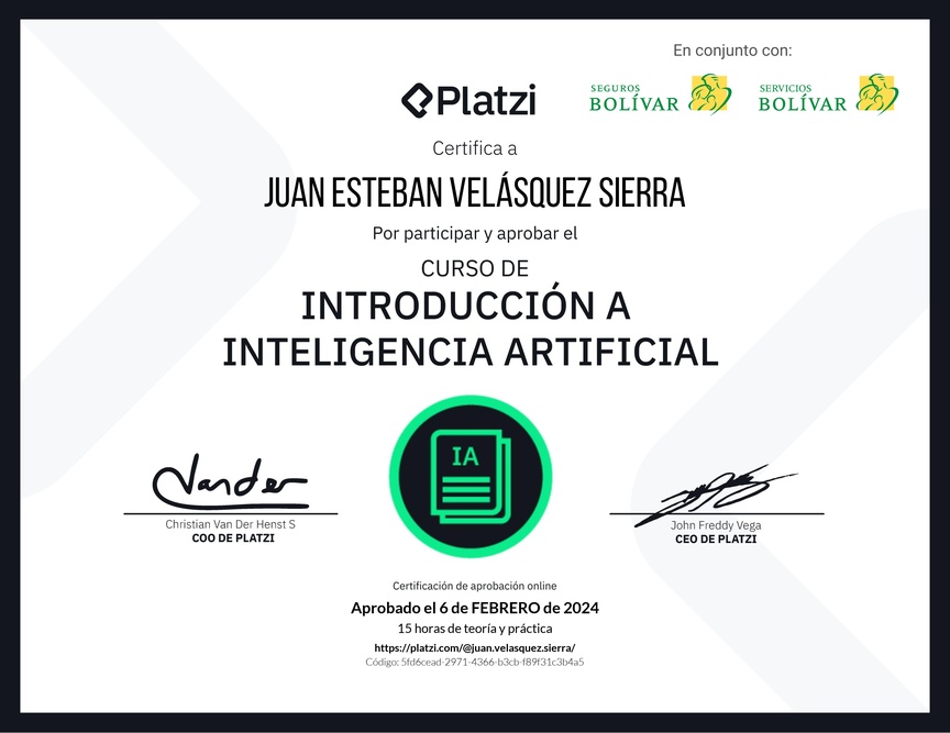 Diploma del Curso de Introducción a Inteligencia Artificial (2023)