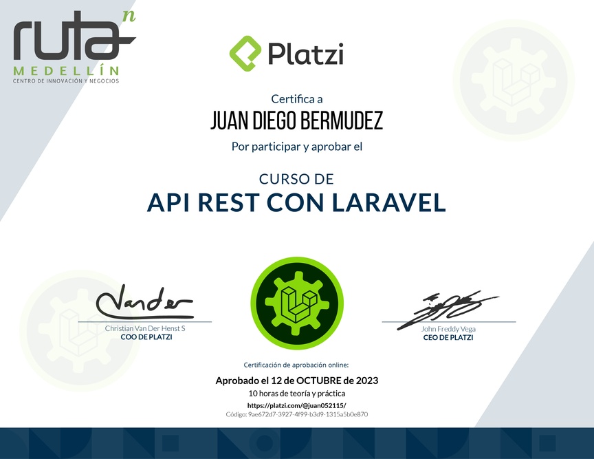 Diploma del Curso de API REST con Laravel