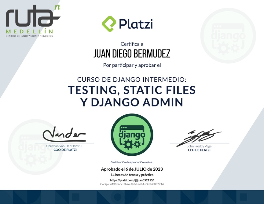 Diploma del Curso de Django Intermedio: Testing, Static Files, Django Admin