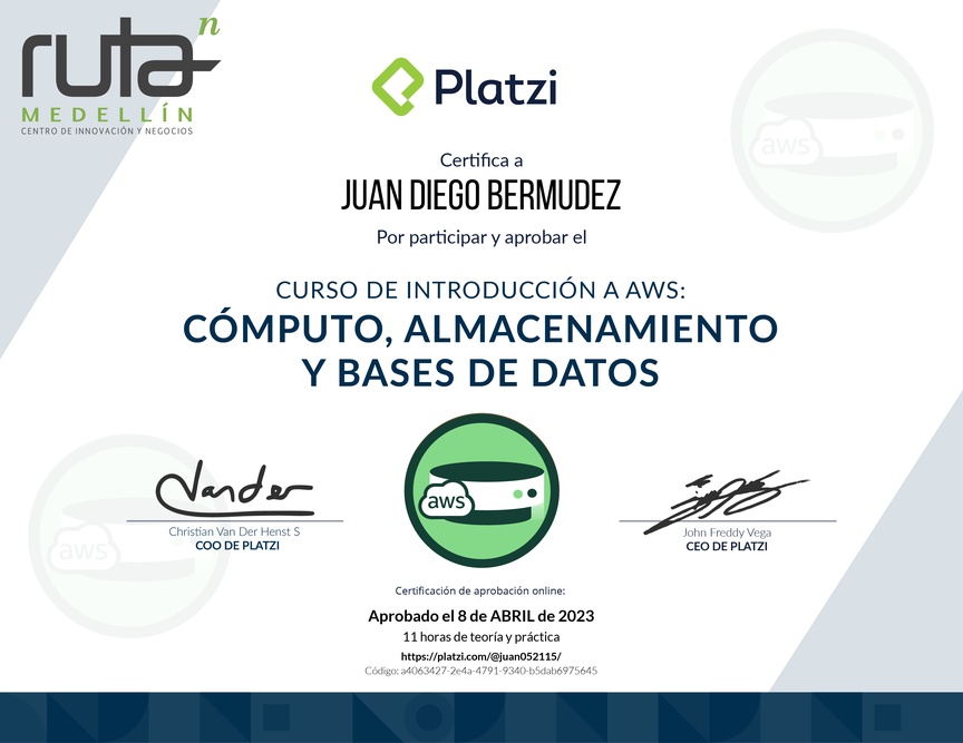 Diploma del Curso de Introducción a AWS: Cómputo, Almacenamiento y Bases de Datos