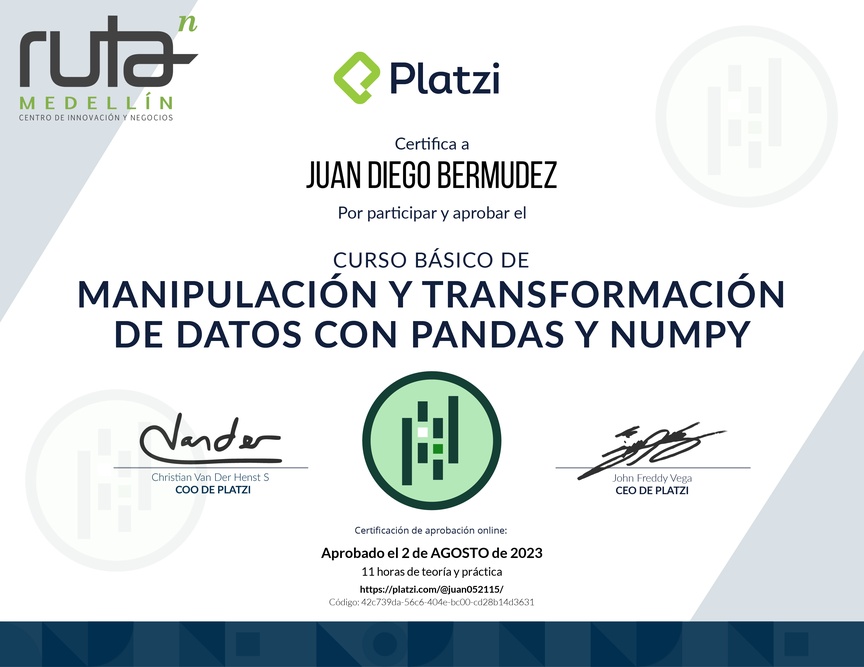 Diploma del Curso de Manipulación y Transformación de Datos con Pandas y NumPy