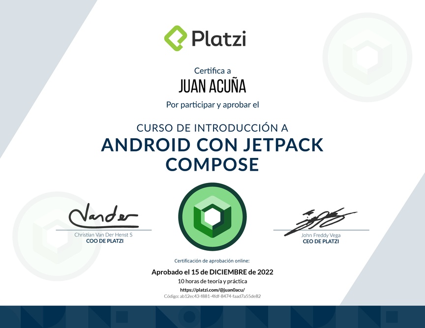 Diploma del Curso de Introducción a Android con Jetpack Compose - 2021