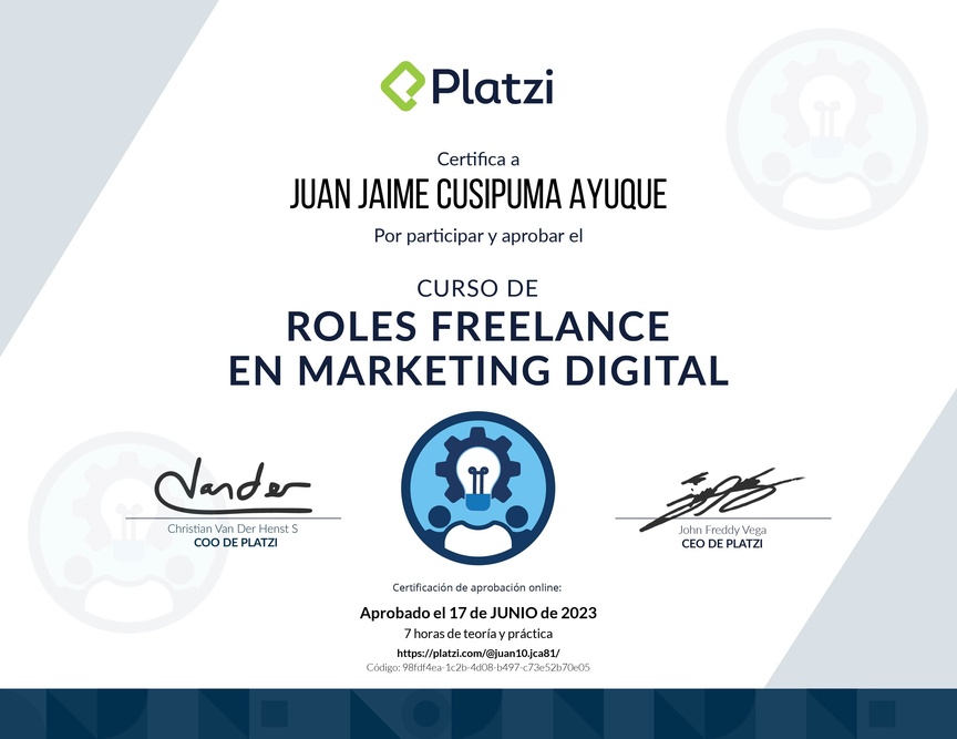 Diploma del Curso para Trabajar en Marketing como Freelance