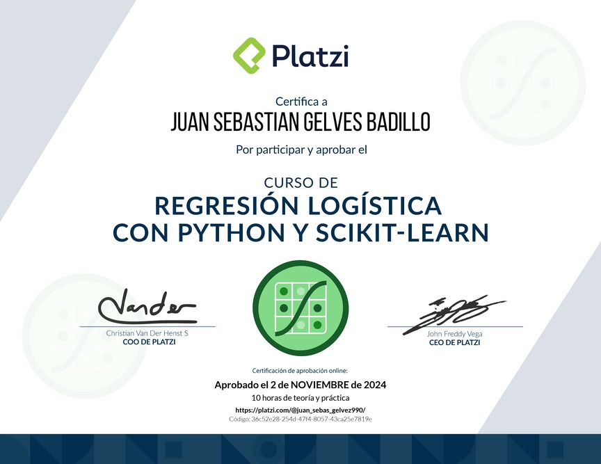 Diploma del Curso de Regresión Logística con Python y scikit-learn