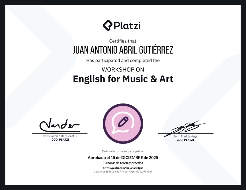 Diploma del Curso de Inglés Práctico sobre Vocabulario de Música y Arte