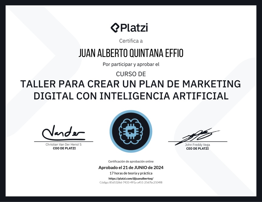 Diploma de Taller para Crear un Plan de Marketing Digital con Inteligencia Artificial