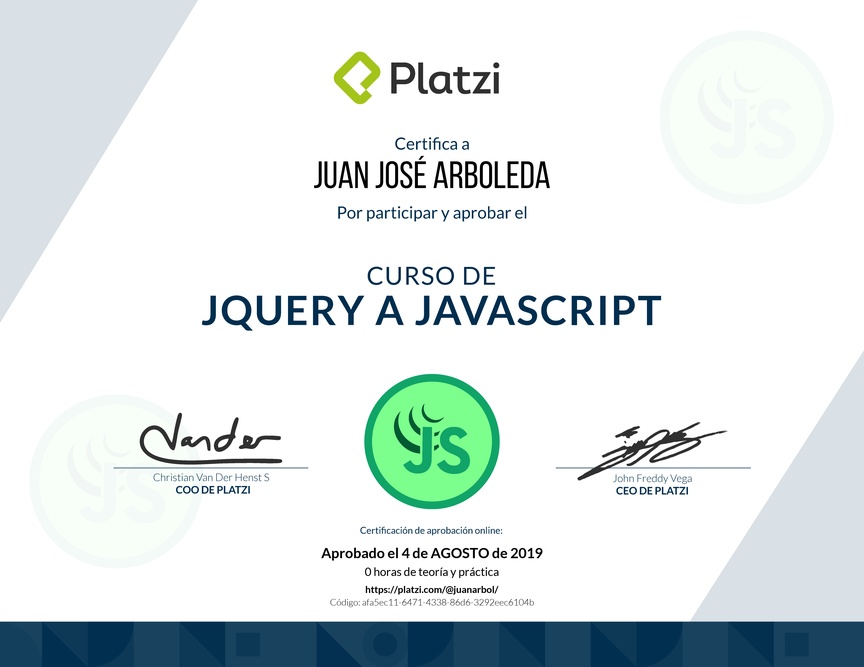 Diploma del Curso de jQuery a JavaScript 2018