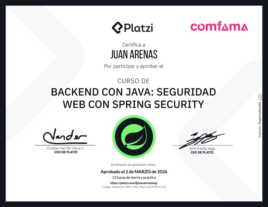 Diploma del Curso de Java Spring Security: Autenticación y Seguridad Web
