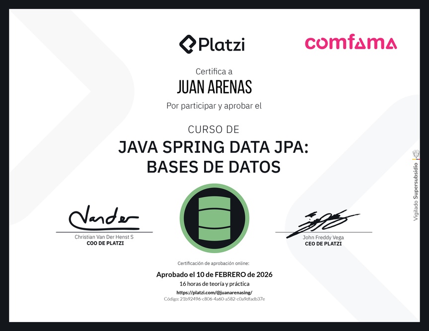 Diploma del Curso de Java Spring Data JPA: Bases de Datos