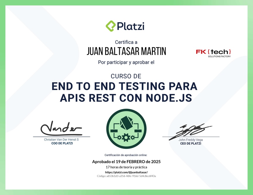 Diploma del Curso de End to End Testing para APIs REST con Node.js